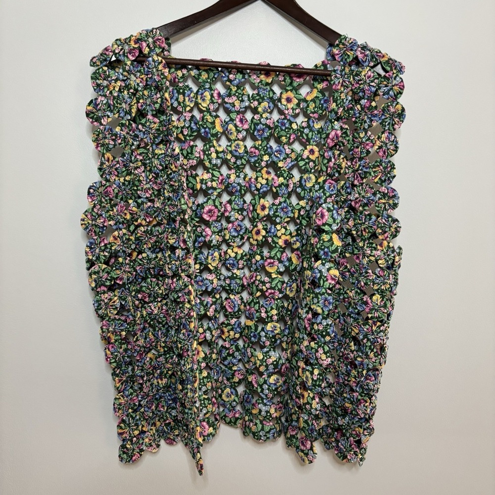 VTG Homemade Rosettes Vest Multicolor Floral Women's OS Unique Artsy Art To Wear - Picture 2 of 8